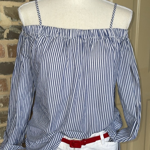 Velvet Heart Blue Preppy Oxford Pinstripe Off Shoulder Top Adjustable Strap Sz M - Picture 2 of 11